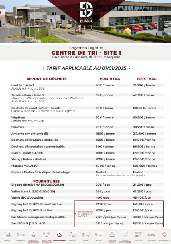 Tarifs Centre de tri et CSL